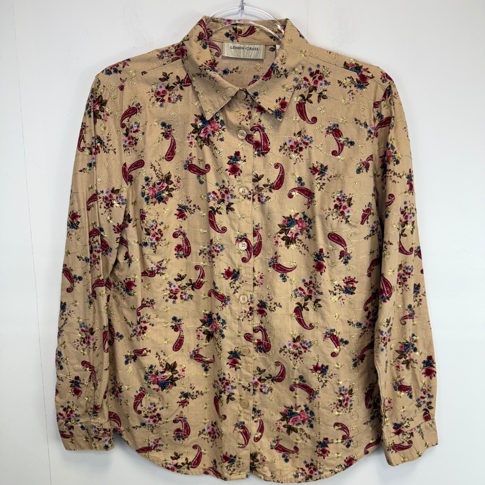 Vintage Lemon Grass Floral Paisley Button up Gold Accents Rodeo Country Festival
